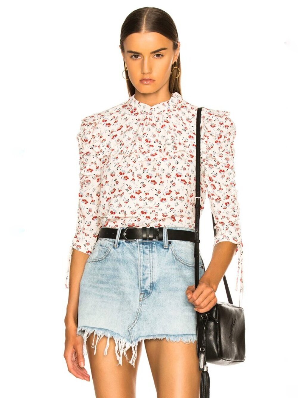 VERONICA BEARD Howell Red Floral 100% Silk Crepe Ruched Sleeve Blouse, Size 2